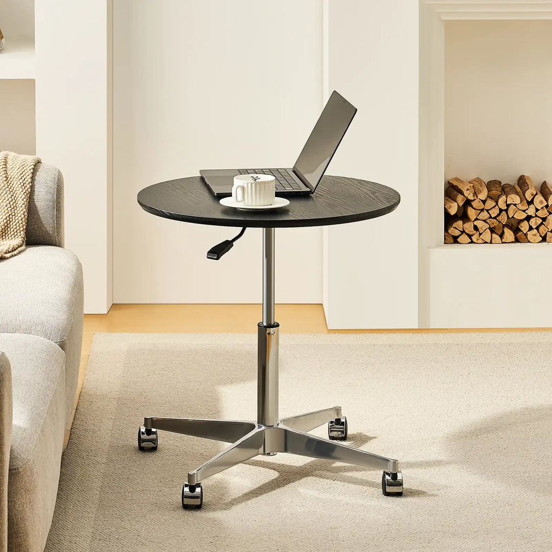 Vesna Round Side Table with laptop and coffee, UK furniture work desk for home or casual tasks