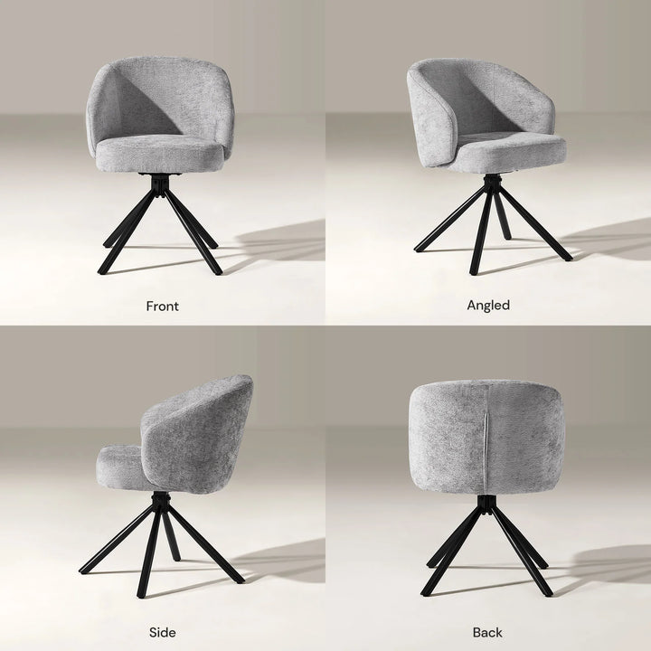 Cleo Grey Swivel Chair shown from front, back, and side angles