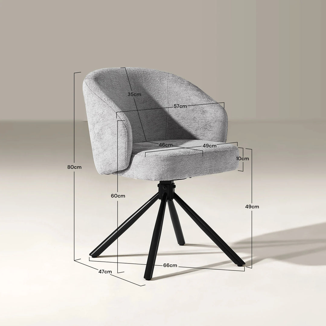 Cleo Grey Swivel Chair with displayed dimensions