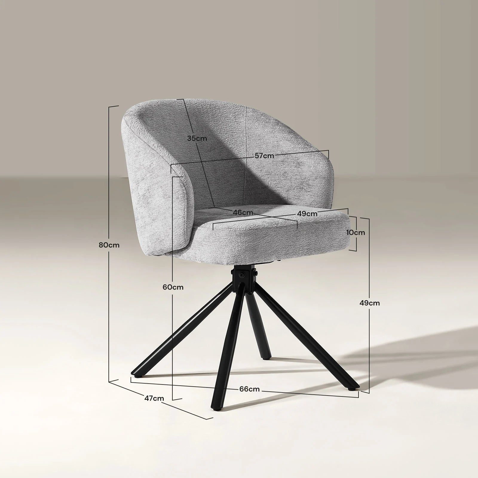 Cleo Grey Swivel Chair with displayed dimensions