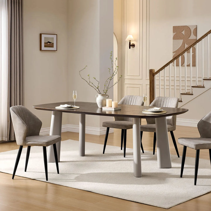 Danforth 180cm smoked walnut dining table for 6–8 with beige metal legs in modern farmhouse dining room
