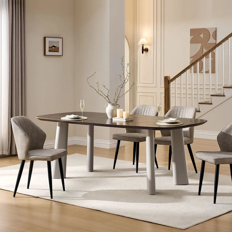 Danforth 180cm smoked walnut dining table for 6–8 with beige metal legs in modern farmhouse dining room