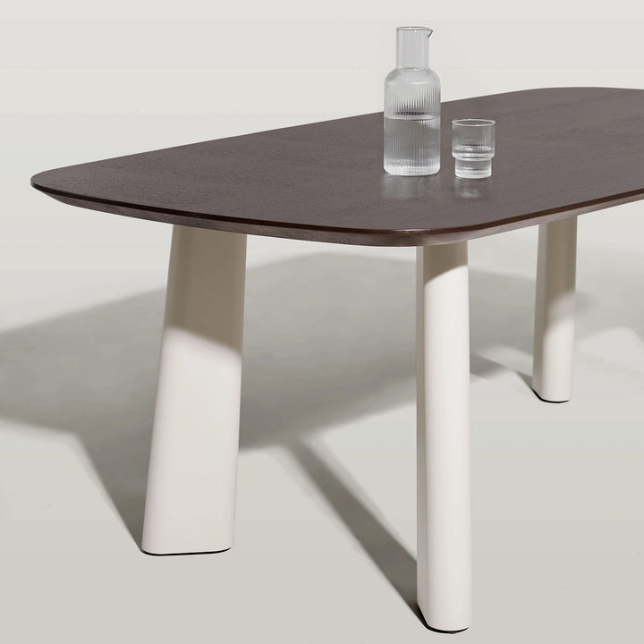 Danforth smoked walnut veneer tabletop with beige metal legs isolated on white background