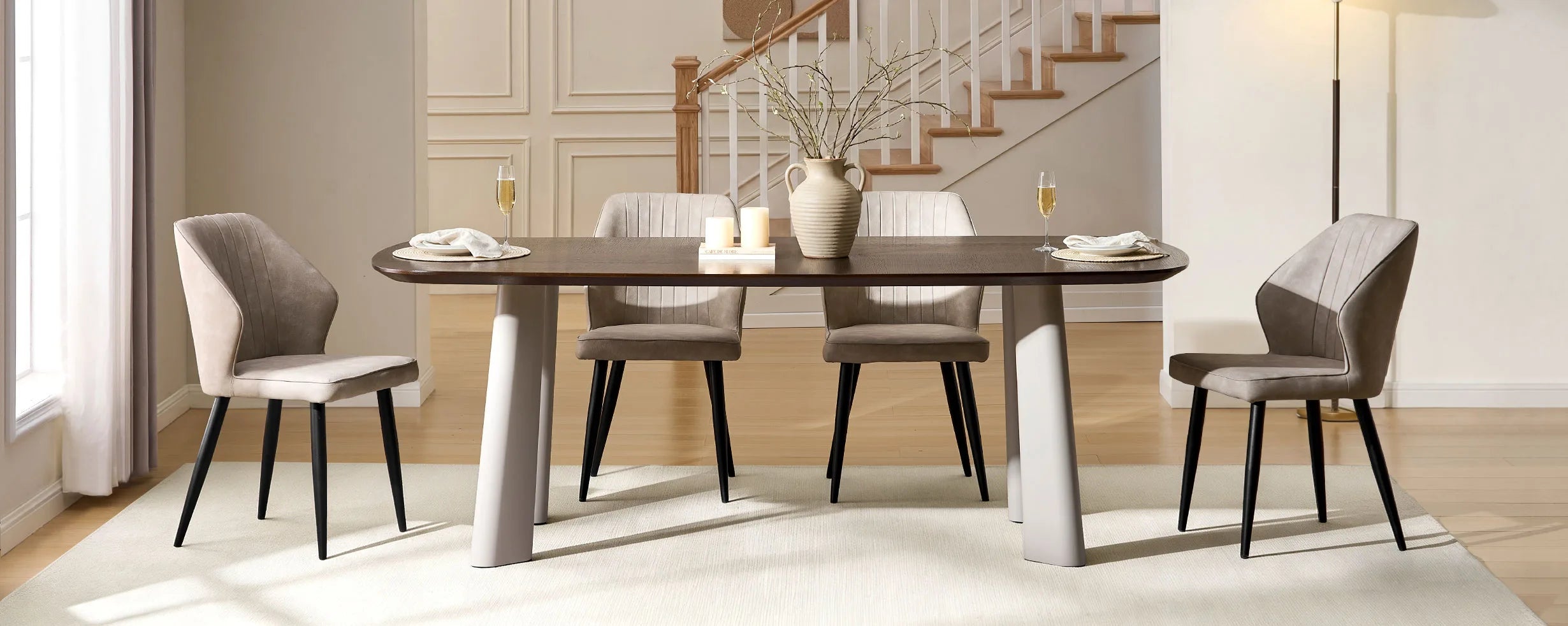 Danforth smoked walnut dining table for 6–8 in modern farmhouse dining room with matching chairs