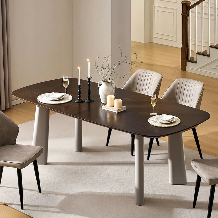 Overhead view of Danforth 6–8 seater dining table with chamfered edge and styled table setting