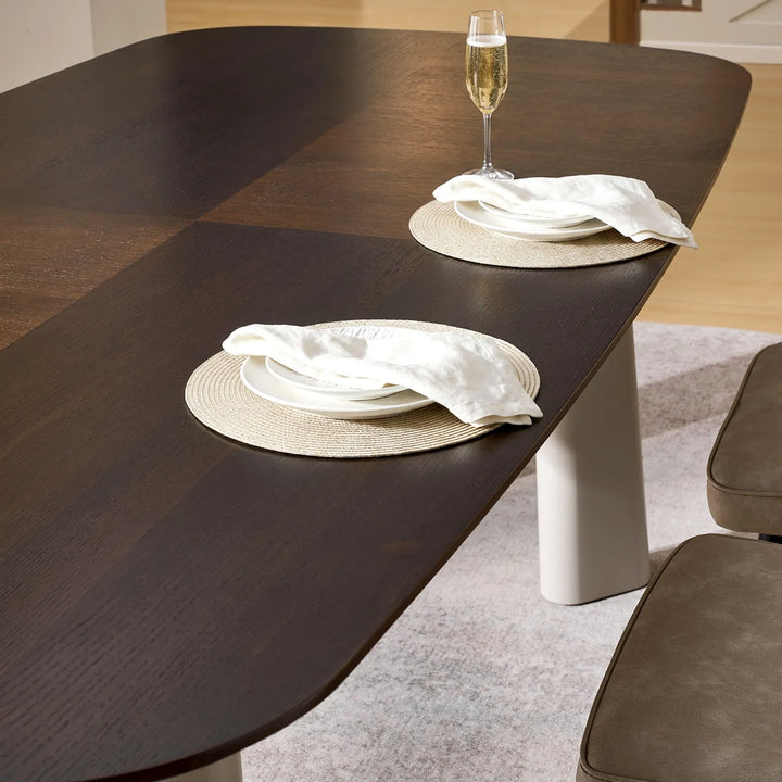 Top view of Danforth modern industrial dining table showing rich smoked walnut veneer grain detail
