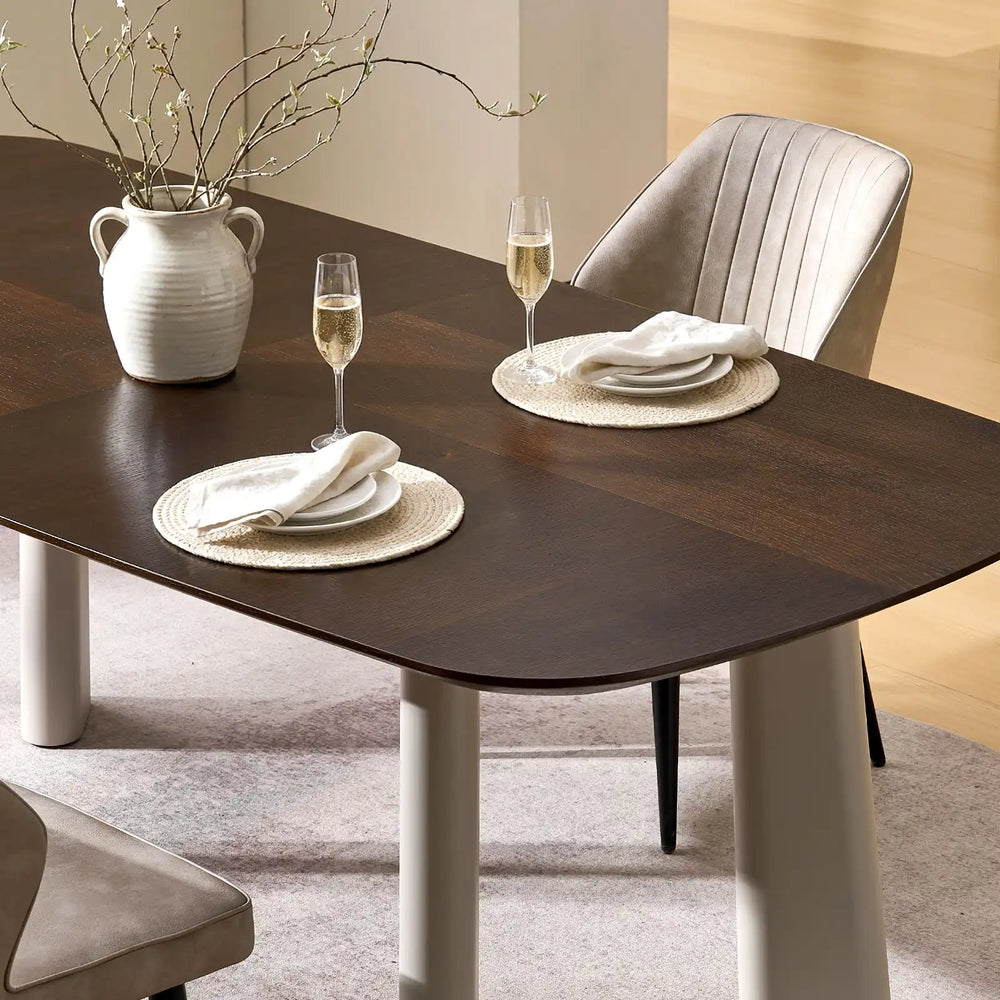 Top view of Danforth modern industrial dining table showing rich smoked walnut veneer grain detail