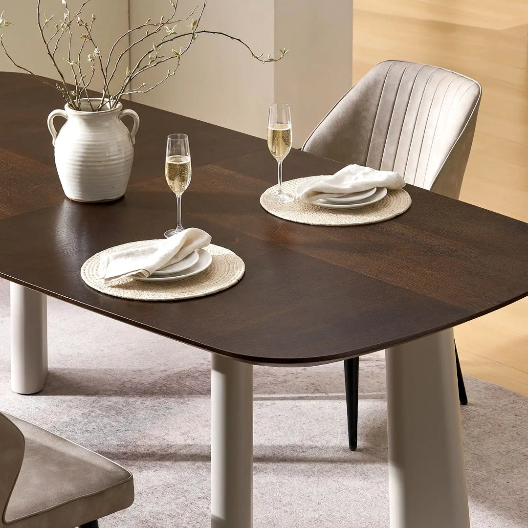 Top view of Danforth modern industrial dining table showing rich smoked walnut veneer grain detail