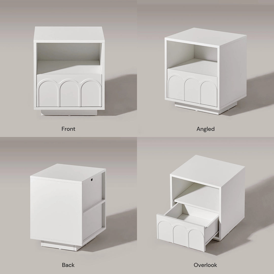 Doris Side Table front, side and top views, showcasing the overall design from multiple angles.