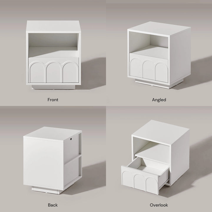 Doris Side Table front, side and top views, showcasing the overall design from multiple angles.