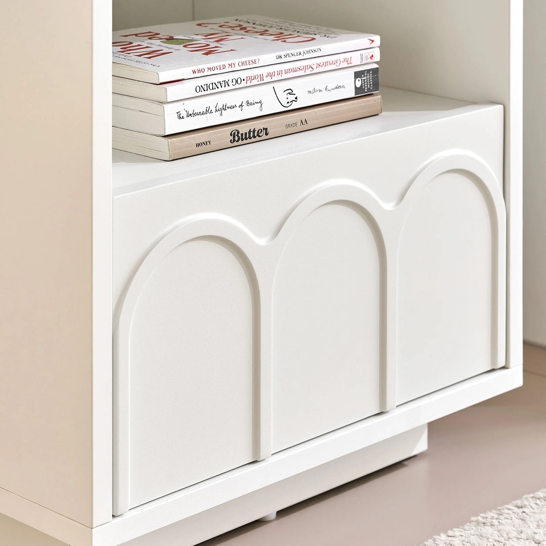 Detailed view of the Doris Side Table arched drawer panel, highlighting the unified design language shared with the Doris dressing table.