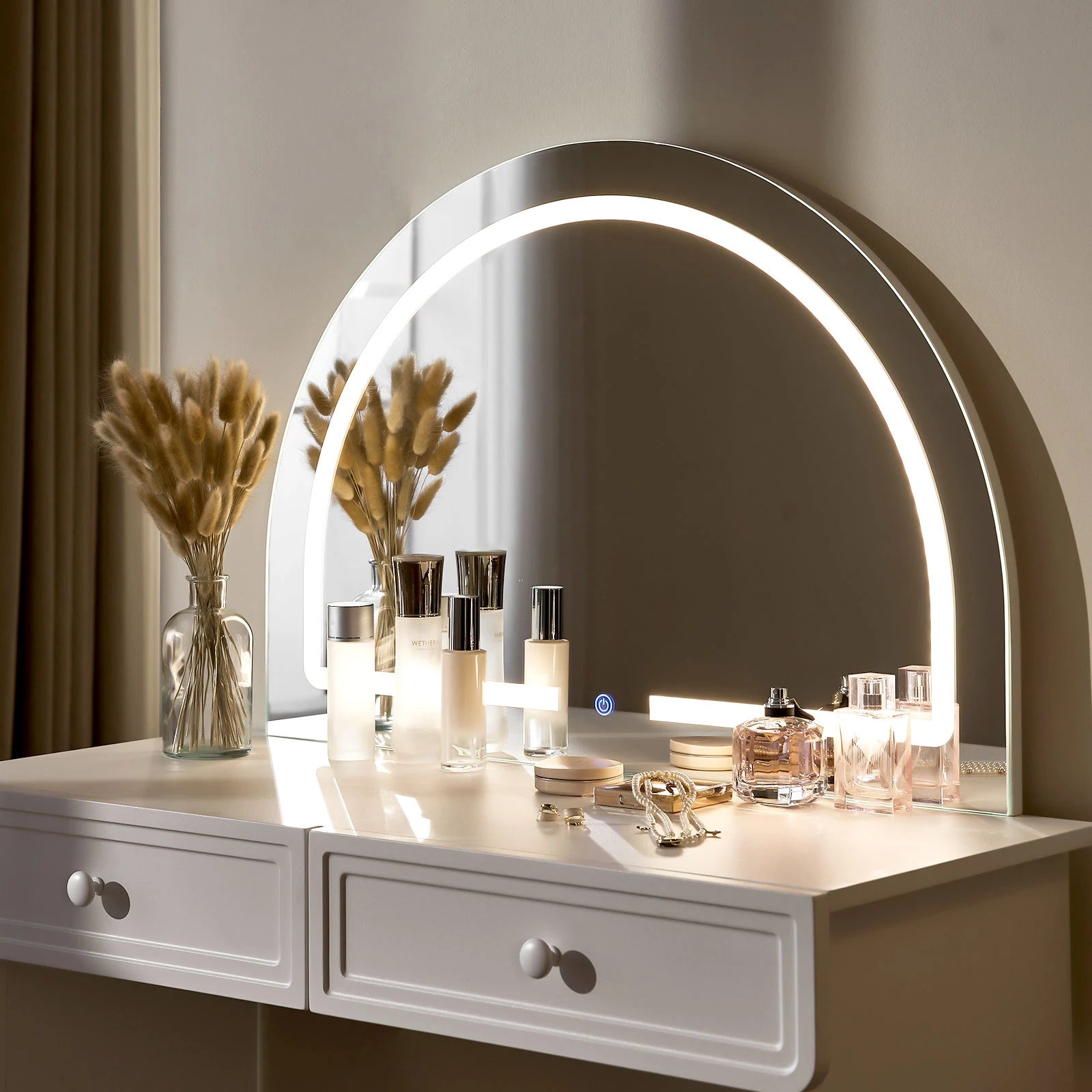 Ceris Curved Mirror Dressing Table with LED Lights, Small White Vanity Makeup Desk with 2 Drawers CLIPOP furniture Ceris Curved Mirror Dressing Table with LED Lights, Small White Vanity Makeup Desk with 2 Drawers CLIPOP furniture