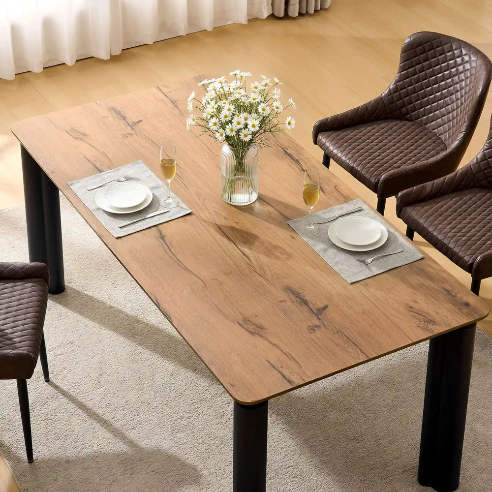 Top view of Dundas 180cm modern industrial dining table with walnut veneer tabletop and natural wood grain