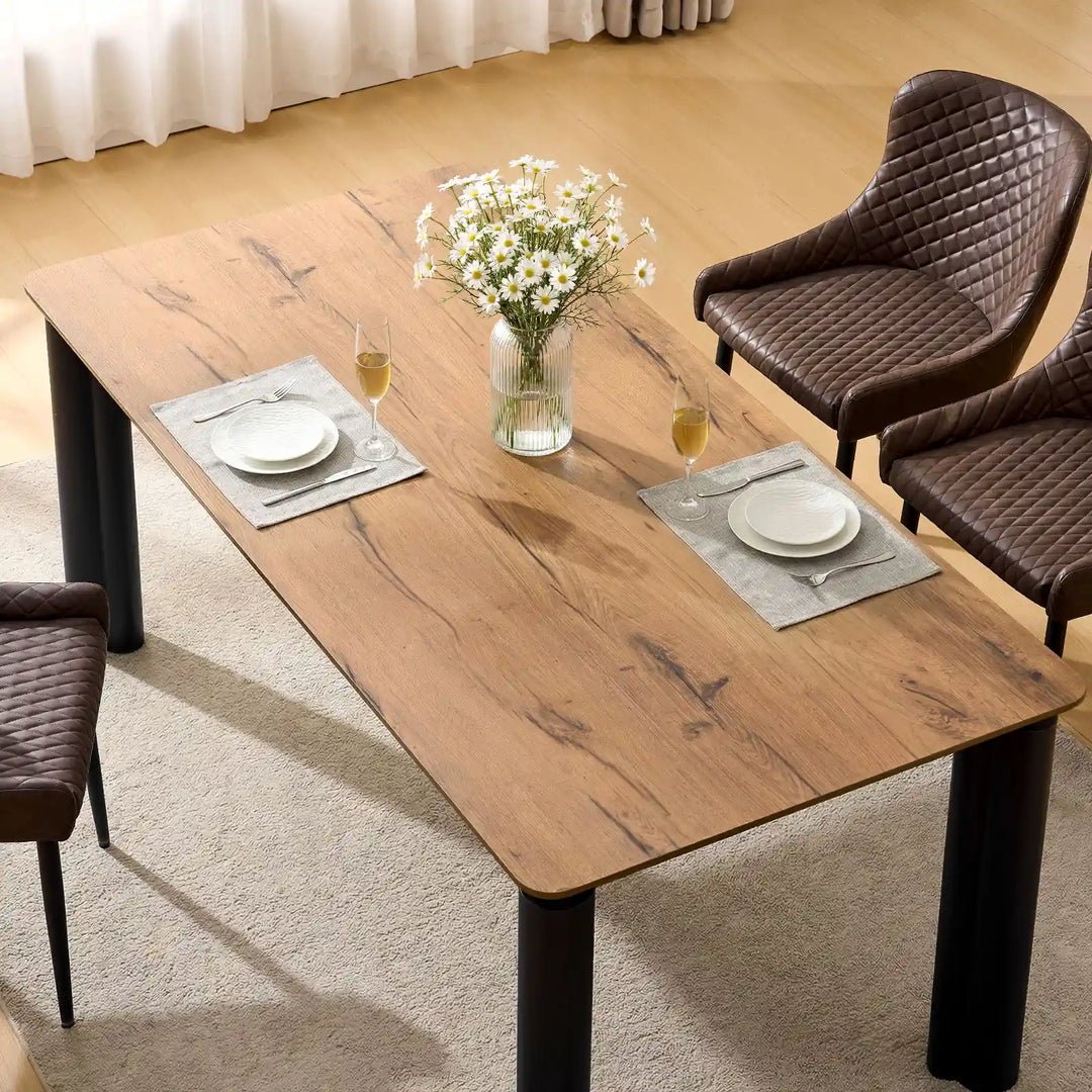 Top view of Dundas 180cm modern industrial dining table with walnut veneer tabletop and natural wood grain