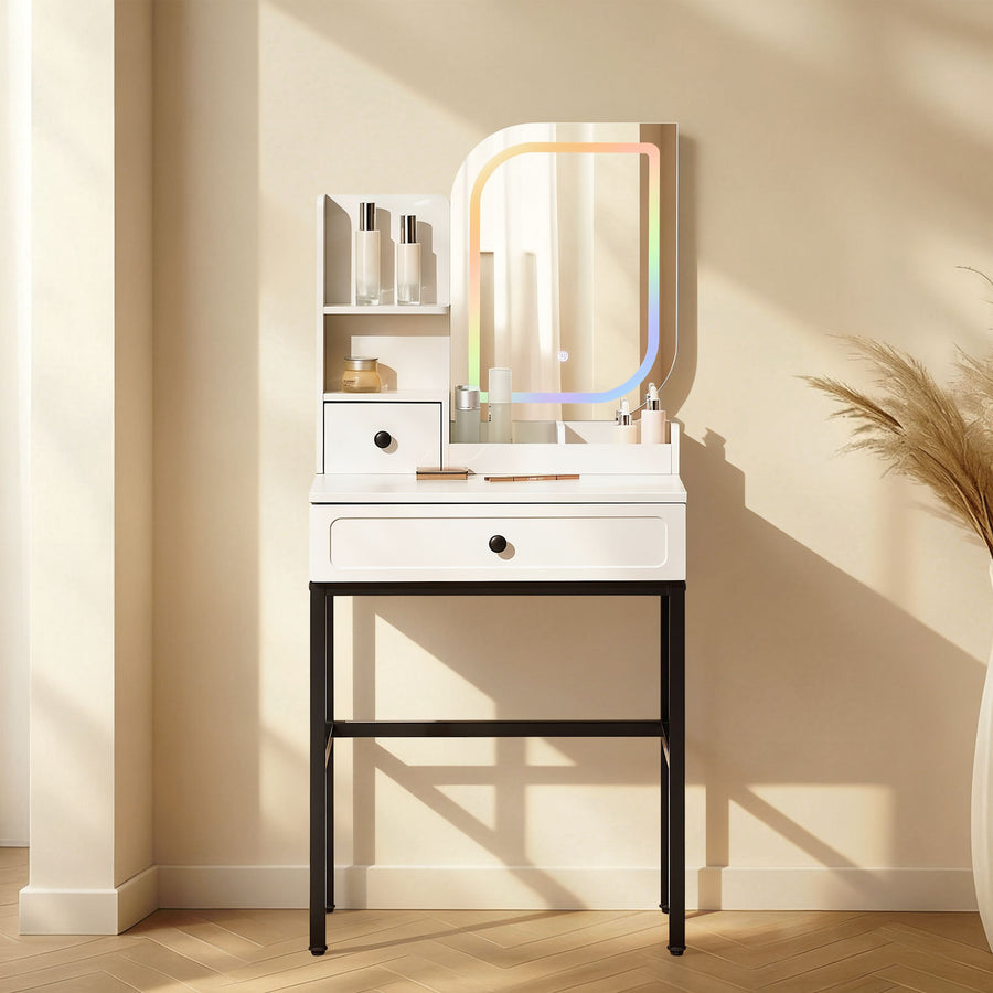 Lumie RGB Light Small Vanity Desk in a bright bedroom with colourful LED lighting on
