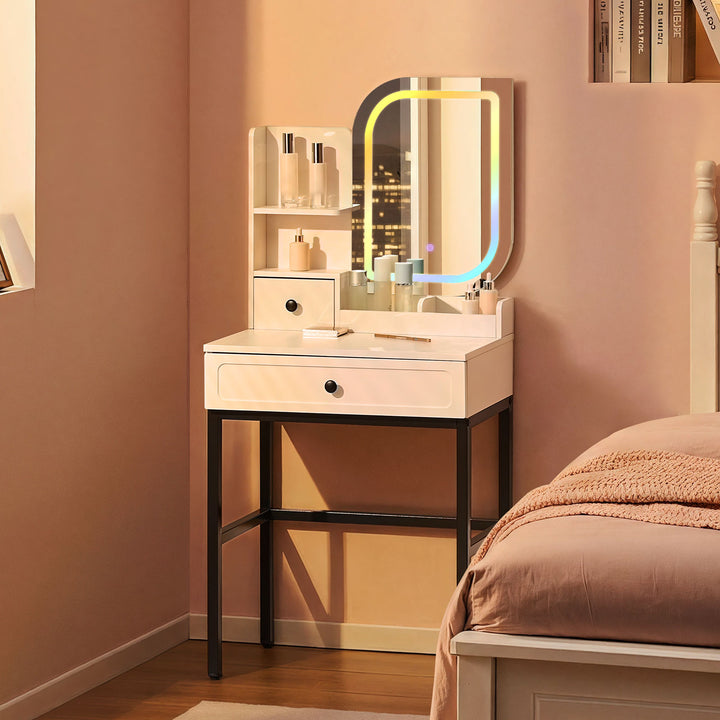RGB light small dressing table by the bedside with afternoon light and LEDs on