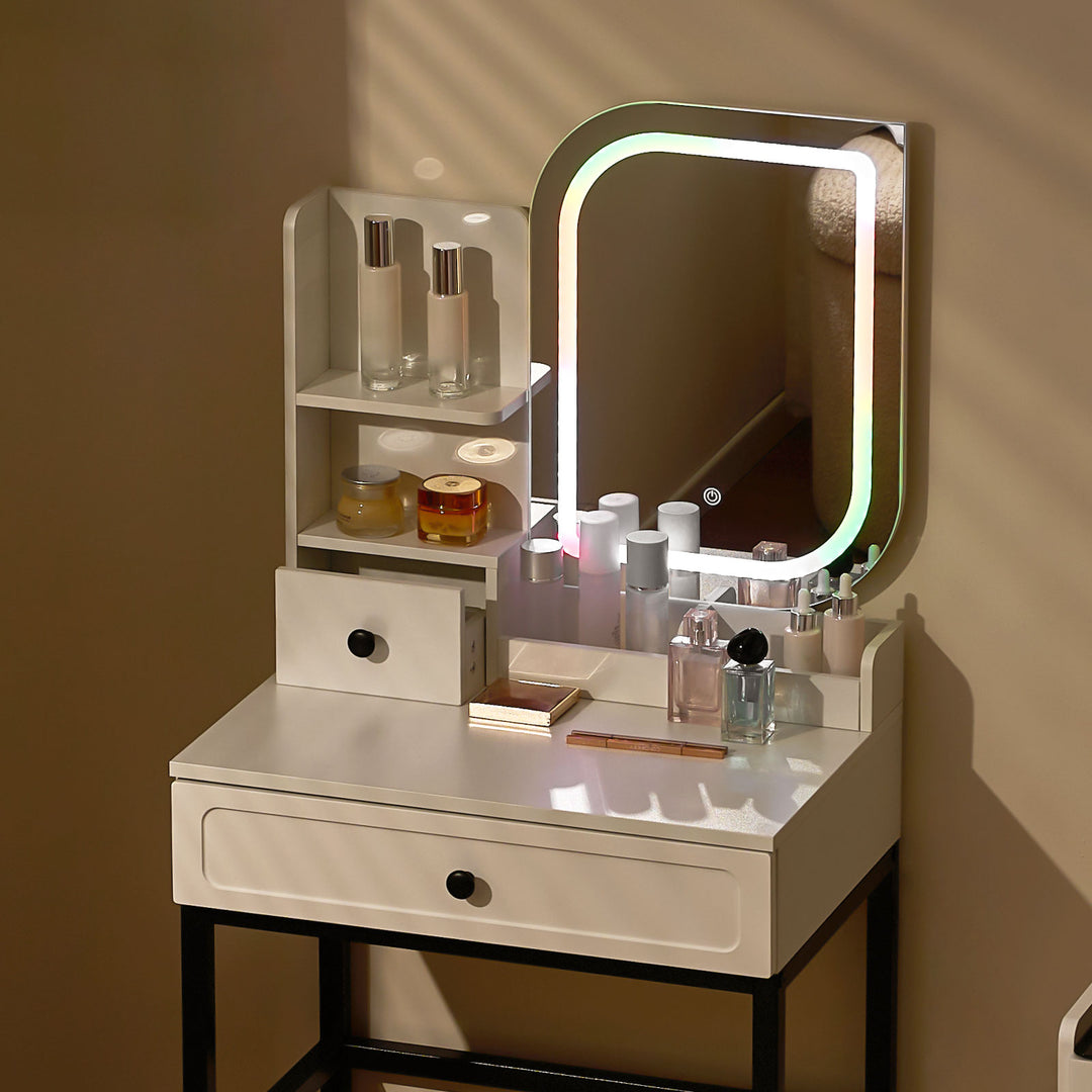 Full mirror view of the Lumie RGB vanity desk with colourful lights on