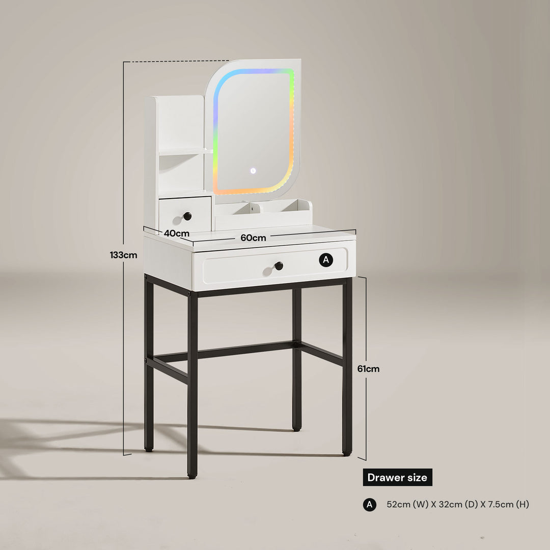 Dimensions layout of the Lumie RGB light small vanity table