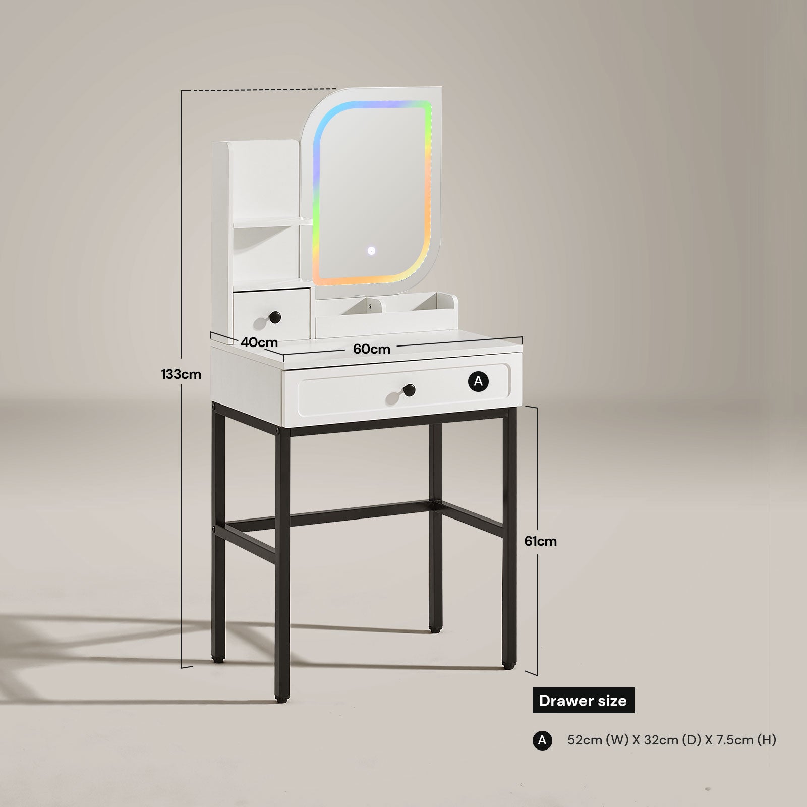Dimensions layout of the Lumie RGB light small vanity table