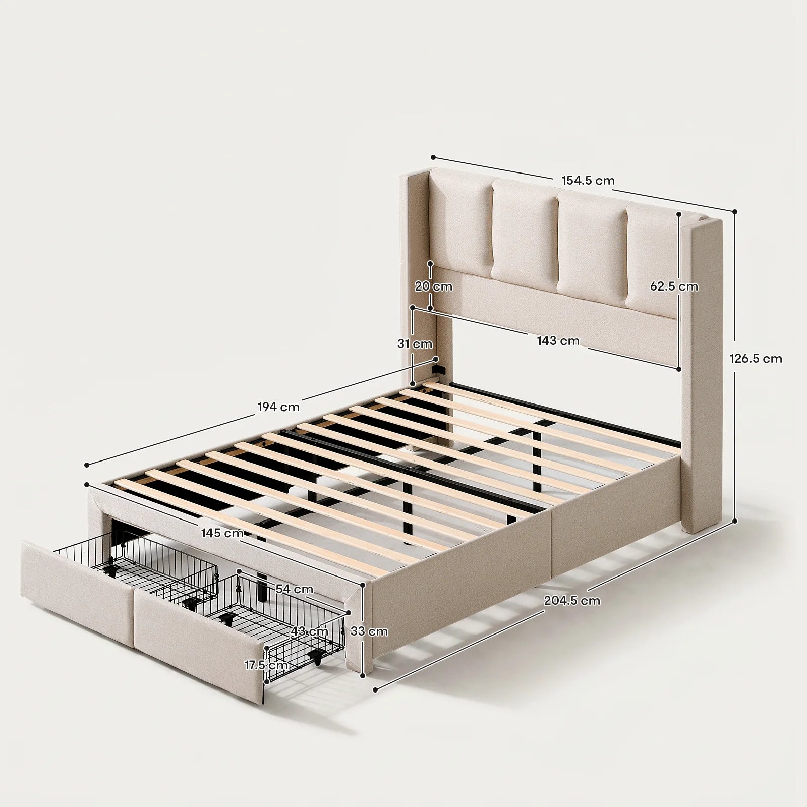 Luvon Beige Double Bed Frame dimensions and detailed size information