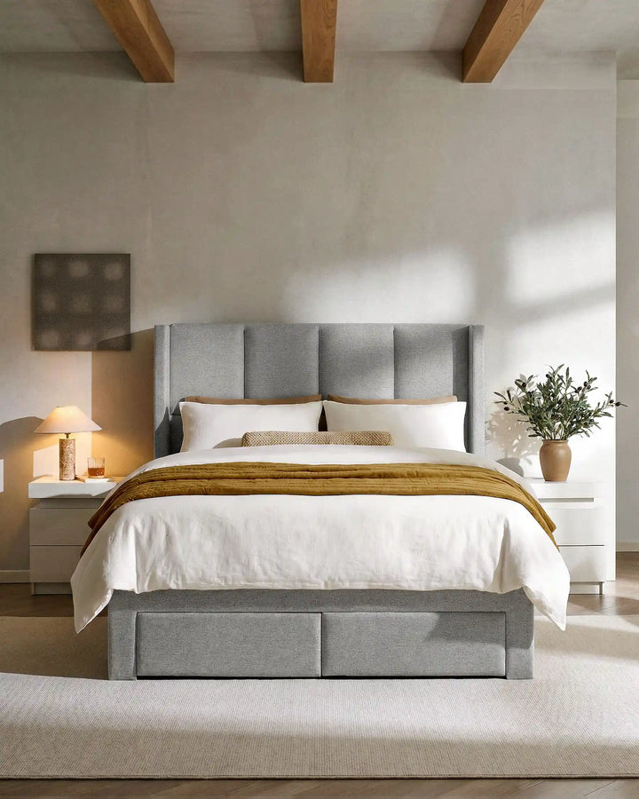 Luvon grey Double Bed Frame in a modern minimalist bedroom – front view
