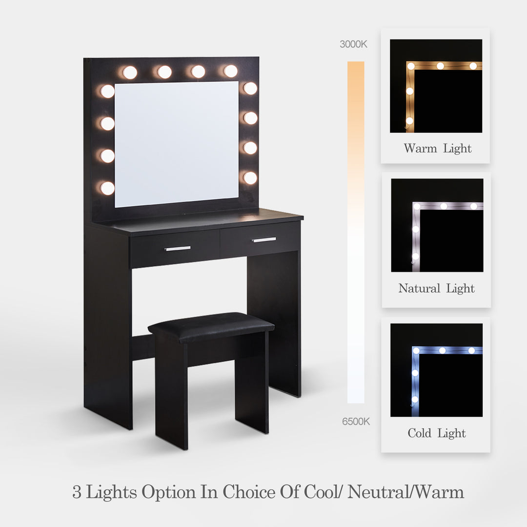 Hollywood Black Dressing Table Set with LED Lights