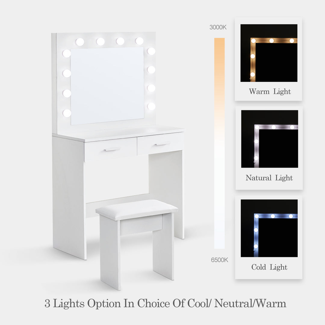 Hollywood White Schminktisch-Set mit LED-Lichtern, Spiegel und großen Schubladen
