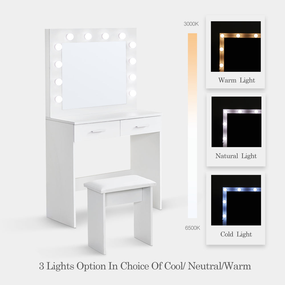 Hollywood White Dressing Table Set with LED Lights Mirror and 1