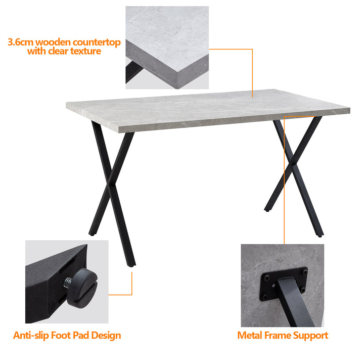 Rechteckiger Esszimmertisch aus MDF-Marmorimitat, X-gekreuzte Metallbeine [Frühlingssonderangebot]