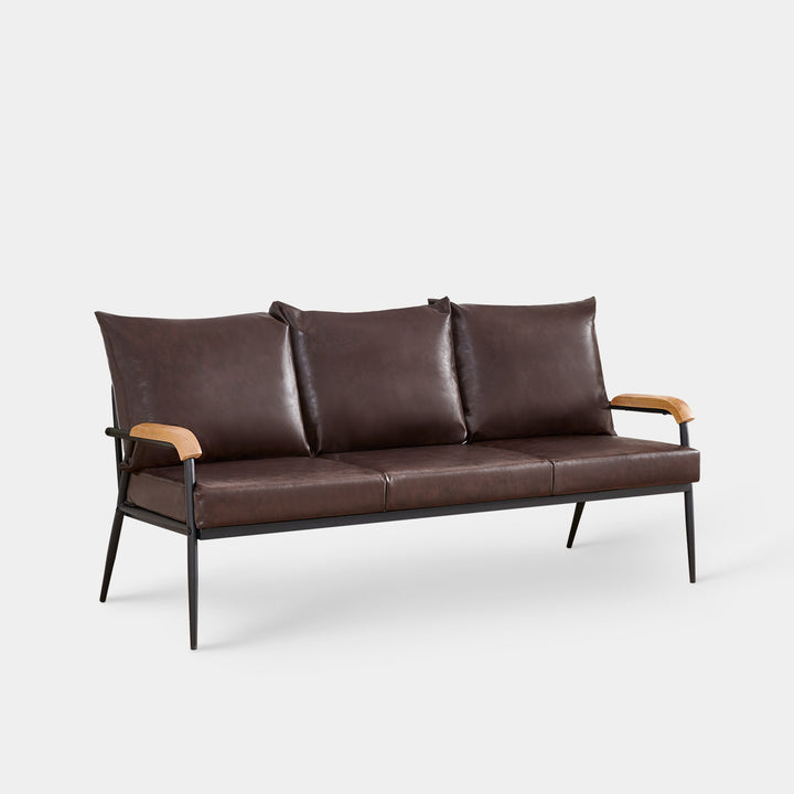 Modernes Sofa aus dunkelbraunem PU-Leder mit Holzarmen, 1-Sitzer, 2er-Sofa, 3-Sitzer