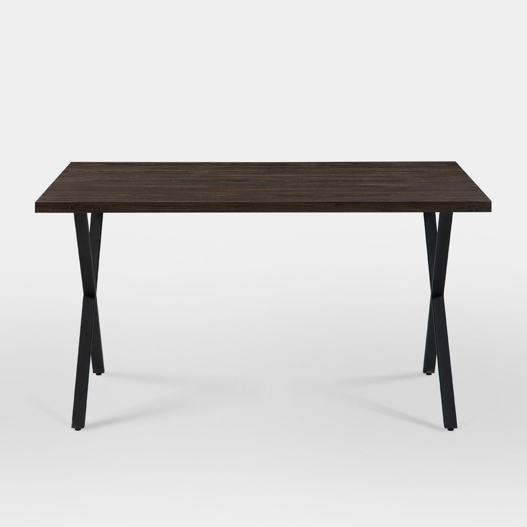 Rectangle Dining Table in MDF Brown Color Panel, Black X-Crossed Metal Leg