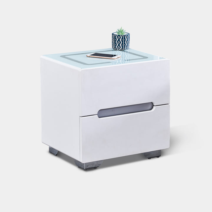 Erinn LED Light Bedside Table [2/3 Drawers][Charging Station][Nightstand]