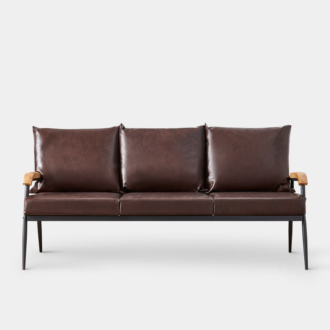 Modernes Sofa aus dunkelbraunem PU-Leder mit Holzarmen, 1-Sitzer, 2er-Sofa, 3-Sitzer