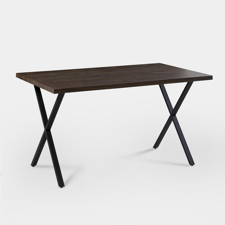 Rectangle Dining Table in MDF Brown Color Panel, Black X-Crossed Metal Leg