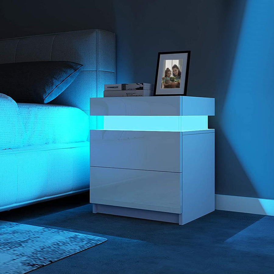 2 Drawer White High Glass Nightstand,Bedside Table with RGB LED Light