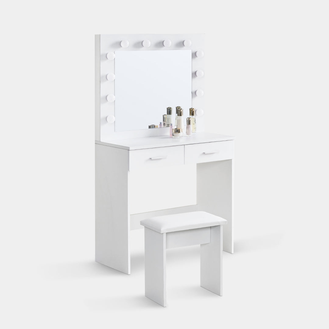 Hollywood White Dressing Table Set with LED Lights Mirror and Large Drawers