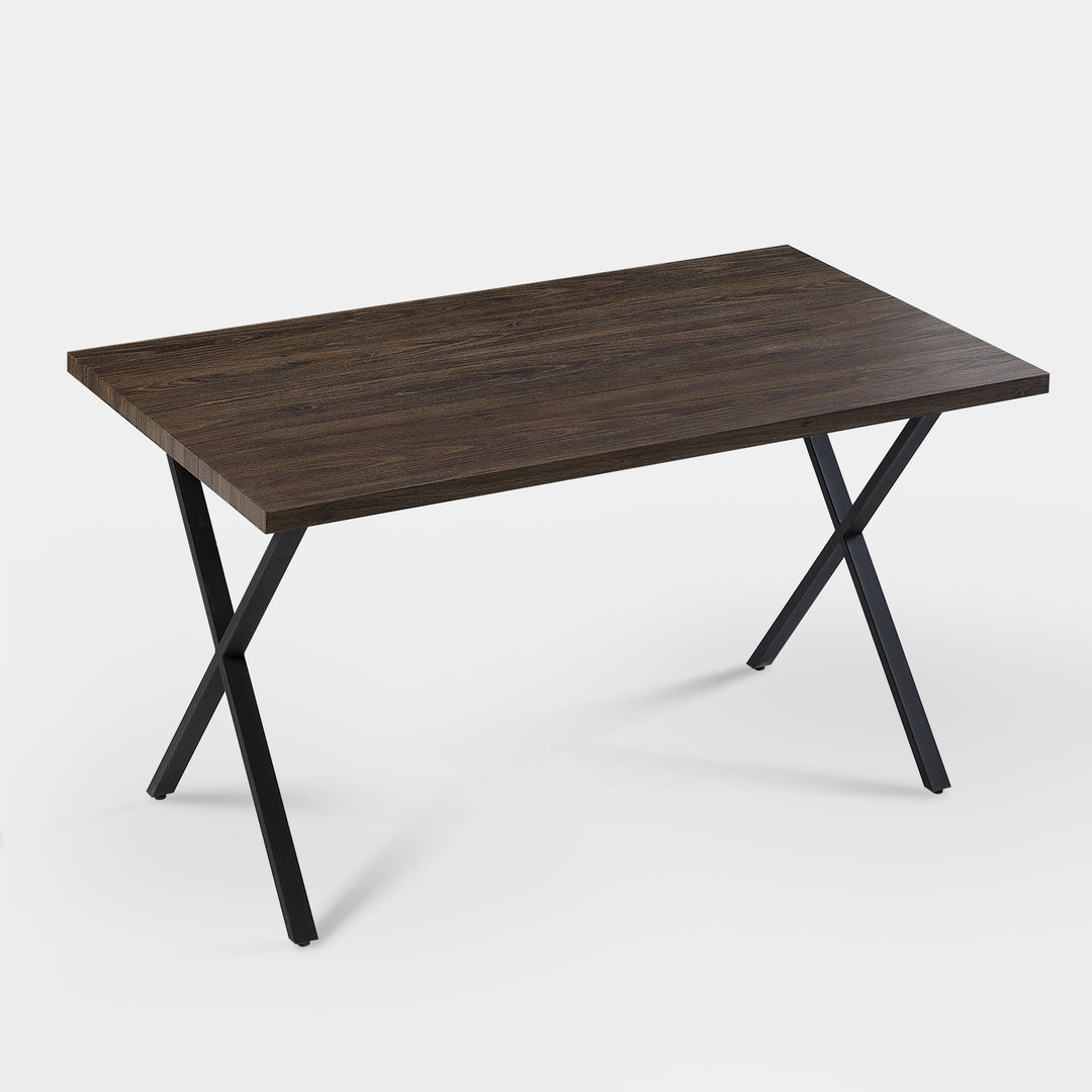 Rectangle Dining Table in MDF Brown Color Panel, Black X-Crossed Metal Leg