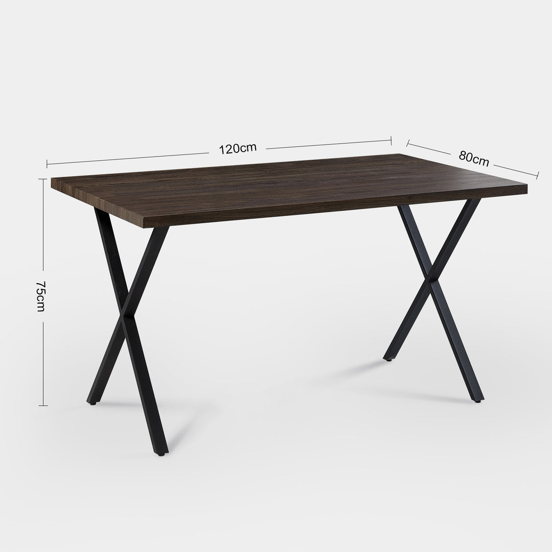 Rectangle Dining Table in MDF Brown Color Panel, Black X-Crossed Metal Leg