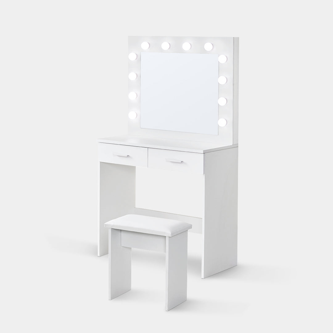Hollywood White Schminktisch-Set mit LED-Lichtern, Spiegel und großen Schubladen
