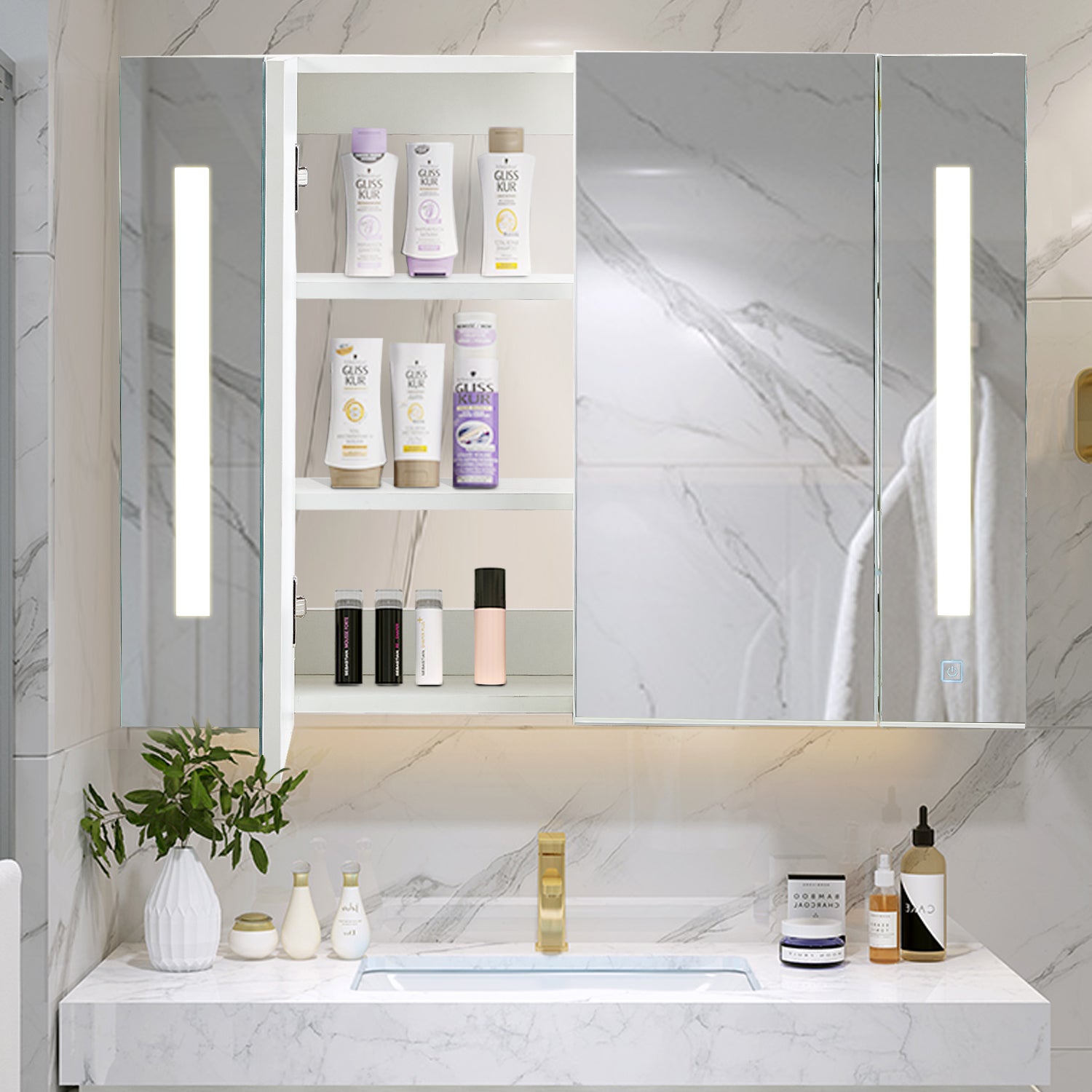 Clipop Bathroom Mirror Cabinet with Lights Wall Mounted 2 Doors Storage ...