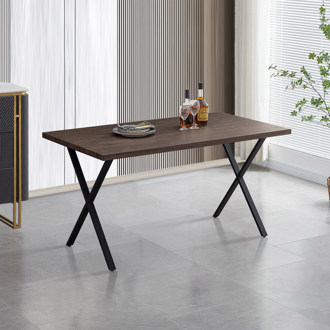 Rectangle Dining Table in MDF Brown Color Panel, Black X-Crossed Metal Leg