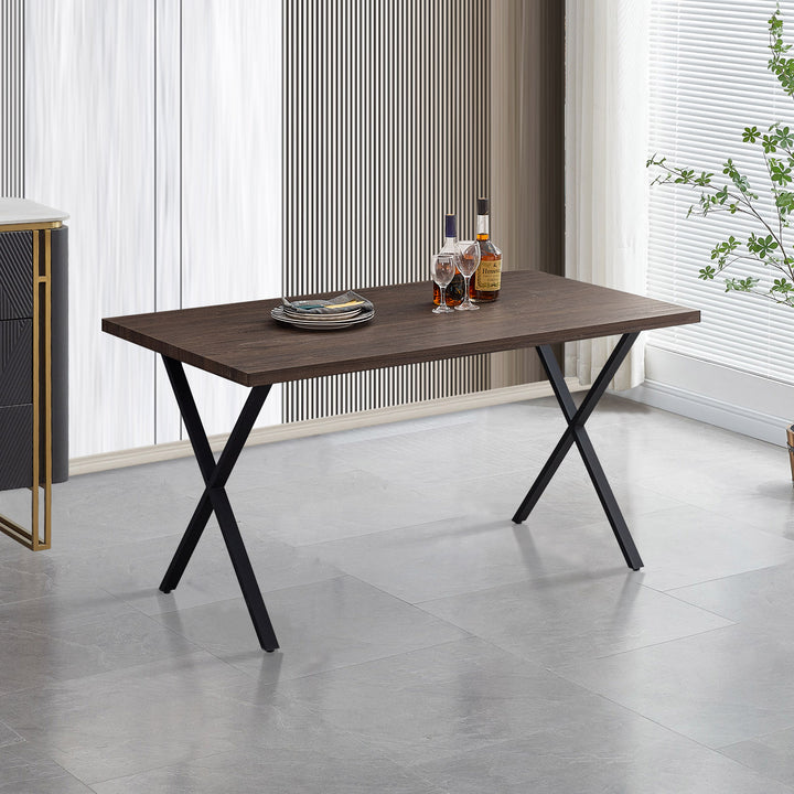 Rectangle Dining Table in MDF Brown Color Panel, Black X-Crossed Metal Leg