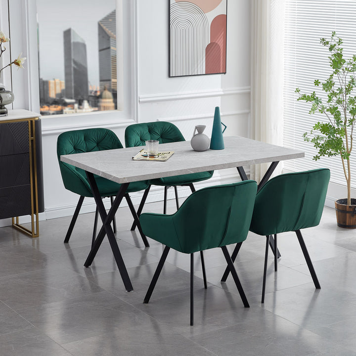 Rectangle Dining Table in MDF Faux Marble Panel, X-Crossed Metal Leg