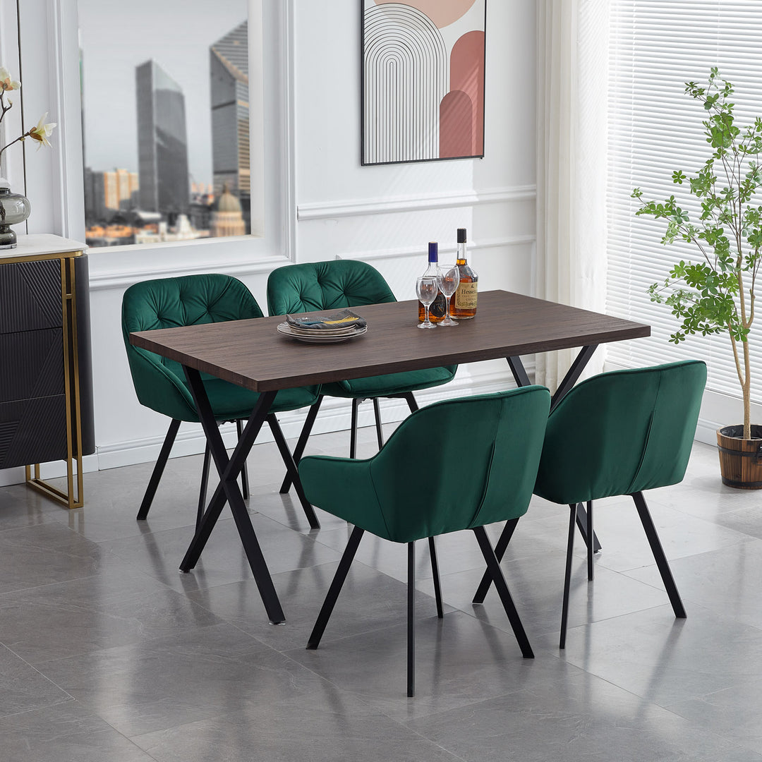 Rectangle Dining Table in MDF Brown Color Panel, Black X-Crossed Metal Leg