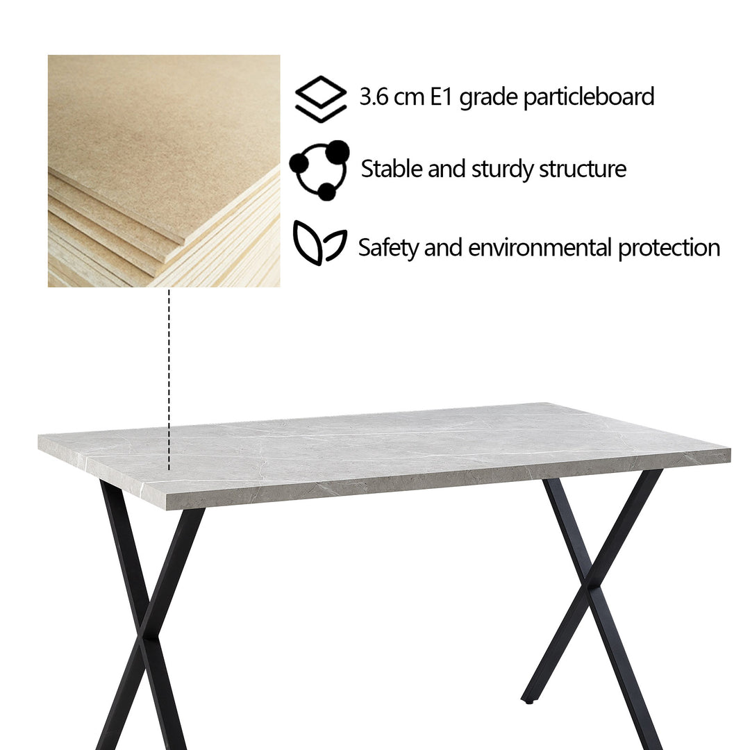 Rechteckiger Esszimmertisch aus MDF-Marmorimitat, X-gekreuzte Metallbeine [Frühlingssonderangebot]