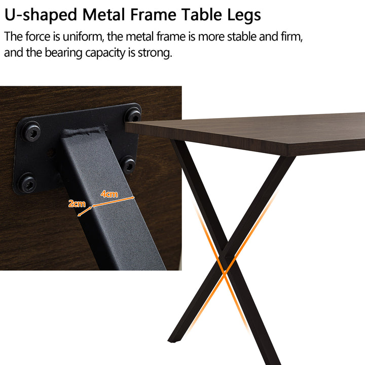 Rectangle Dining Table in MDF Brown Color Panel, Black X-Crossed Metal Leg