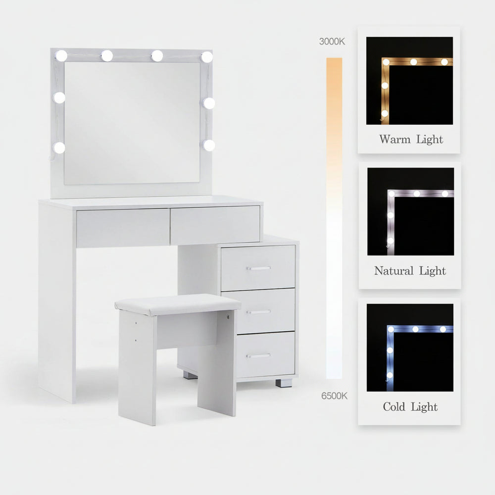 Showing the adjustable 3 lighting modes (warm/Natural/Cold) of the LED bulbs of the dressing table set.
