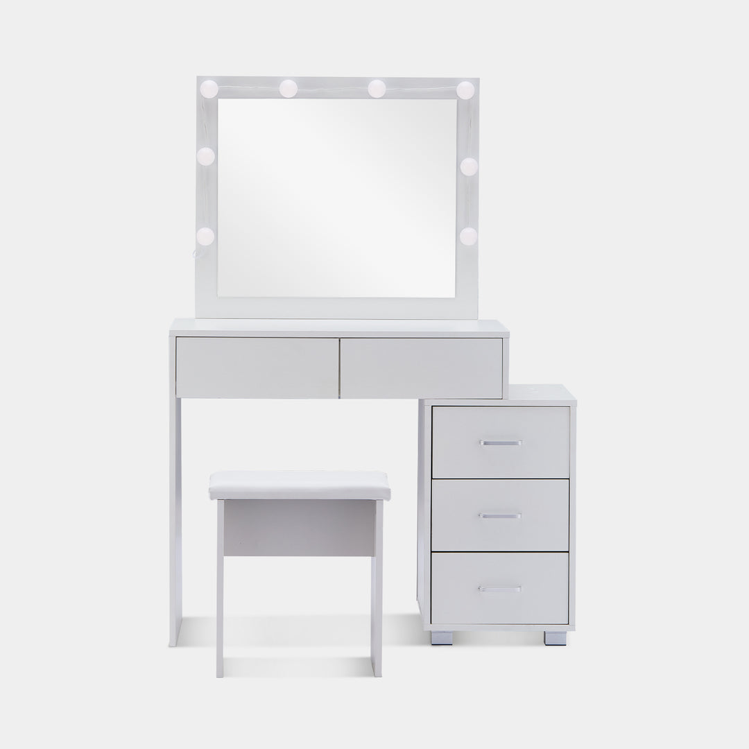 The front view of the Aurora Dressing Table with a mirror, 8 LED bulbs， 2 drawers, a 3-drawer cabinet, and a stool, in a white background.