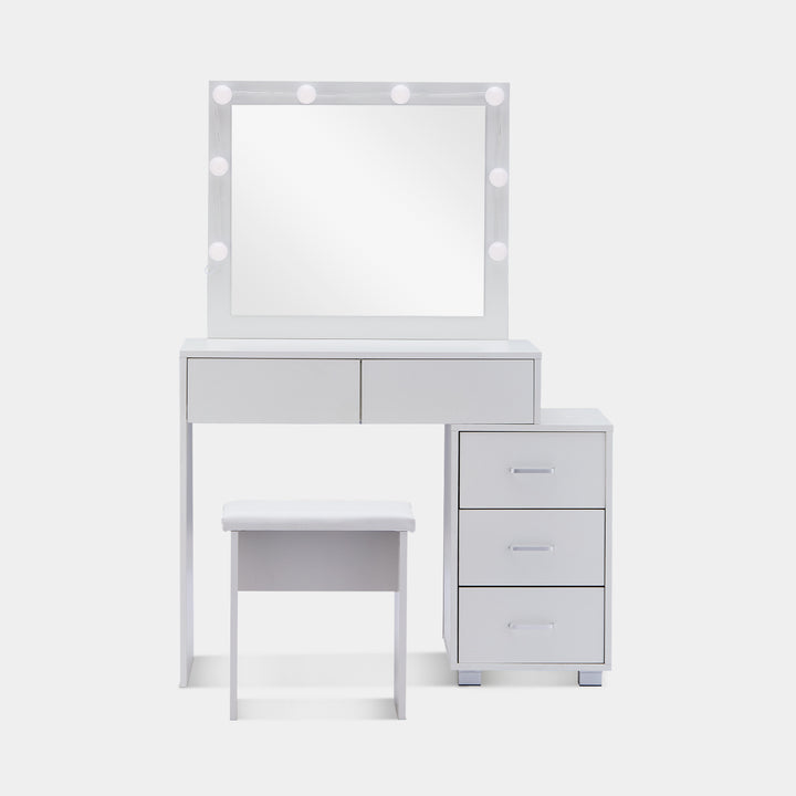 The front view of the Aurora Dressing Table with a mirror, 8 LED bulbs， 2 drawers, a 3-drawer cabinet, and a stool, in a white background.