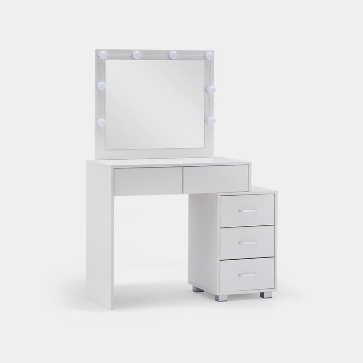 The side view of the Aurora Dressing Table with a mirror, 8 LED bulbs， 2 drawers, and a 3-drawer cabinet for ample storage, in a white background.